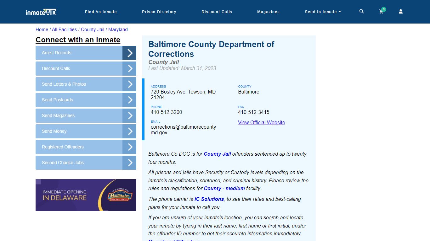 Baltimore County Department of Corrections - Inmate Locator